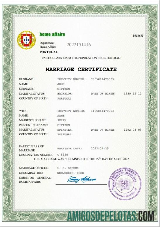 Realista modelo Word e PDF de certidão de casamento em Portugal